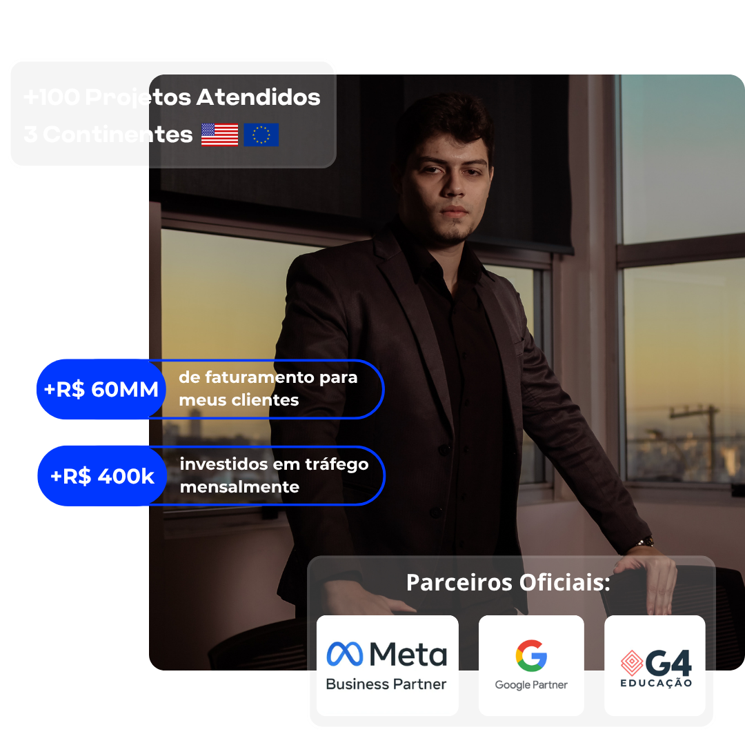 Fernando Santana, Gestor de Tráfego em BH, com cards de resultado: +R$ 60MM faturados para clientes, +R$ 400k/mês em mídia, atuação em 3 continentes
